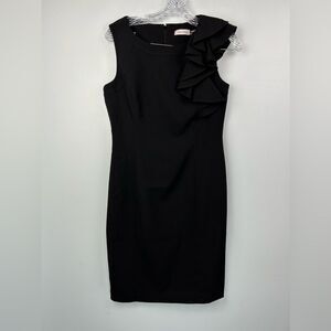 Calvin Klein Ruffle Flutter Sleeve Sheath Dress Black Back Zip Cocktail LBD Sz 4